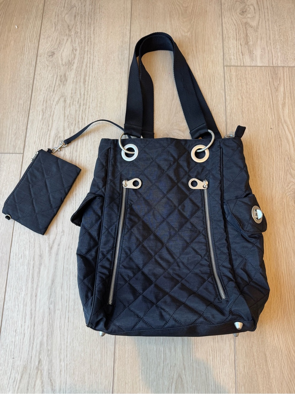 Baggallini Florence Black Quilted Shoulder Tote Bag + Matching Pouch